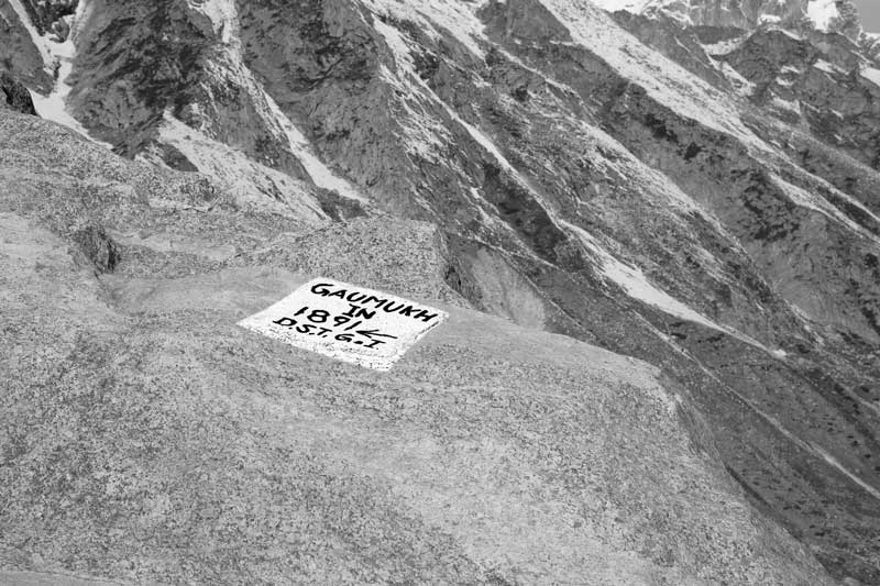 The position of Gaumukh in 1891, indicated by a stone inscription, located about 16 km upstream of Gangotri in Uttarkashi district, Uttarakhand